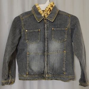 Girls Blue Denim Removable Leopard Print Lined Jean Jacket Size 10/12